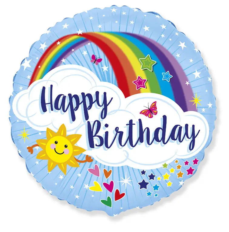 Фольгированный шарик круг "Happy Birthday радуга"
