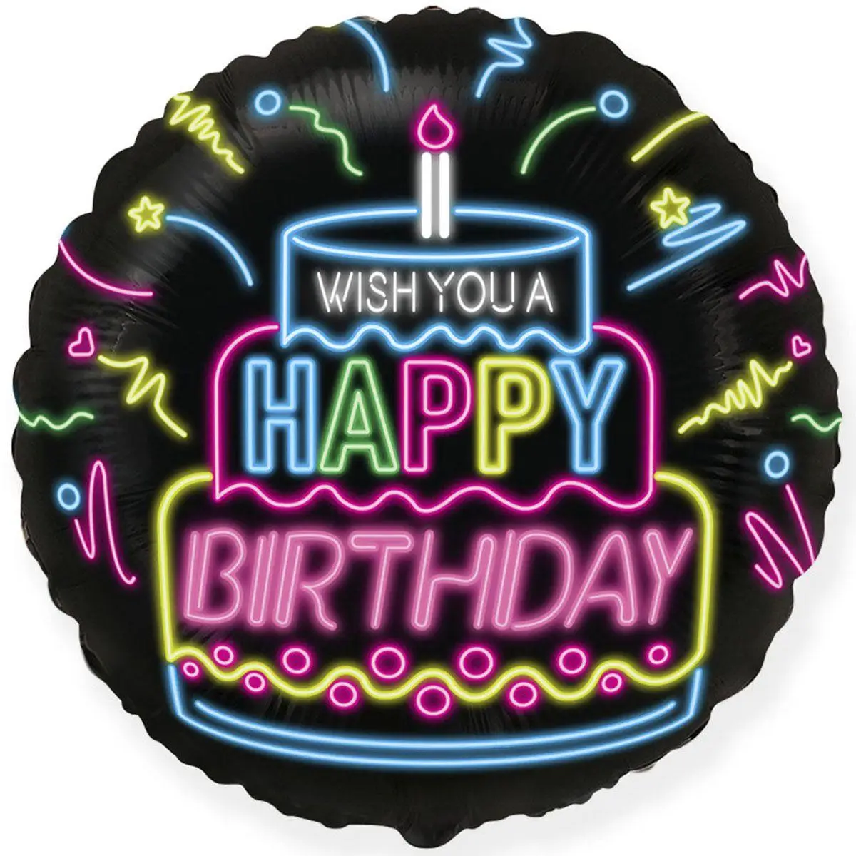 Фольгированный шарик круг "Wish you a happy birthday неон" черный