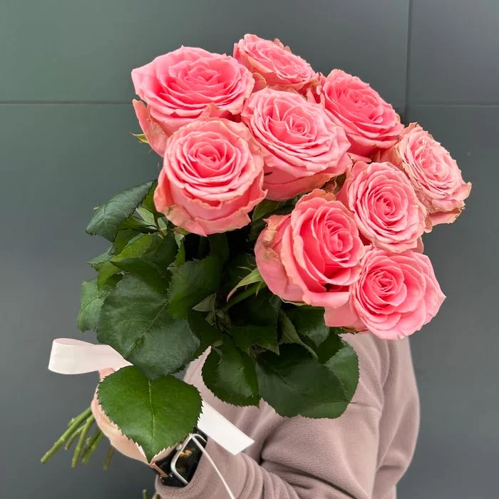 9 розовых роз 70 см